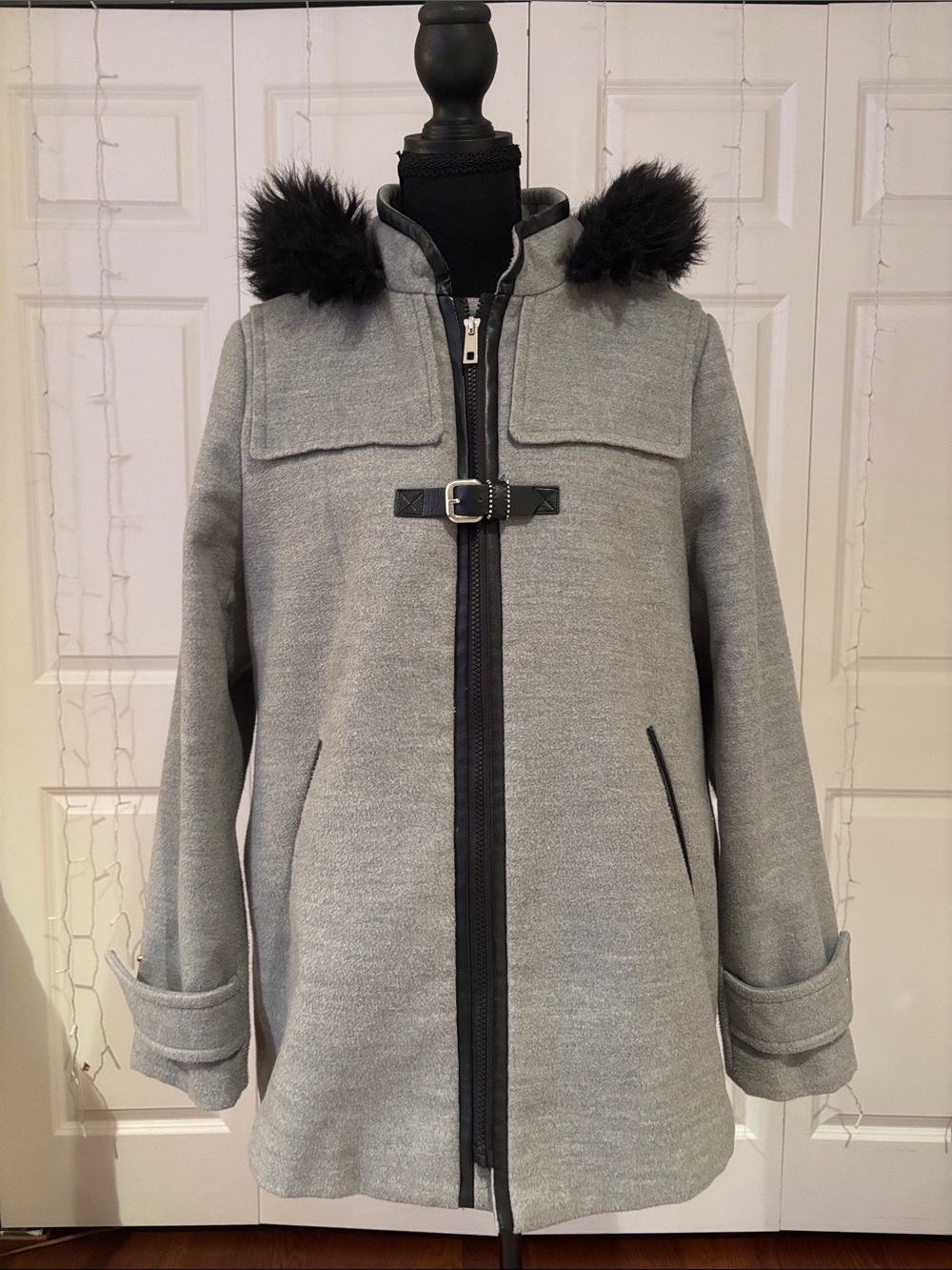 Maralyn & Me Gray Coat with Black Faux-Fur Hood Trim